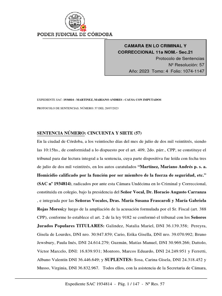 Sentencia #57, Camara en Lo Criminal y Correccional Del Poder Judicial