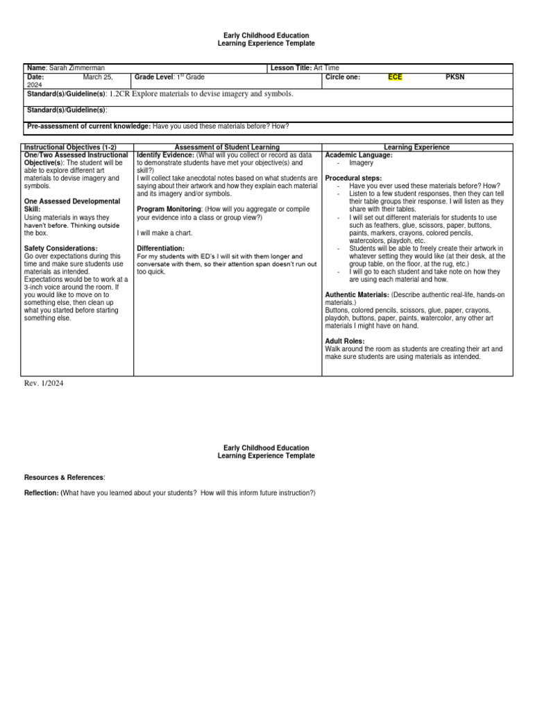 Visual Arts Lesson Plan-Zimmerman | PDF | Learning | Cognition