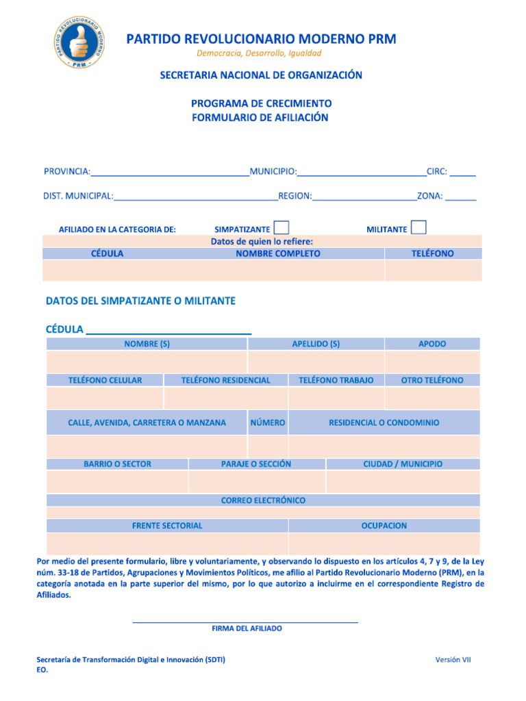 Formulario de Afiliacion PRM Digital | PDF