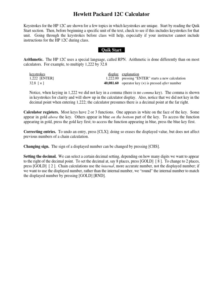 Hp 12c calculator keystrokes for the hp 12c 15 pags pdf