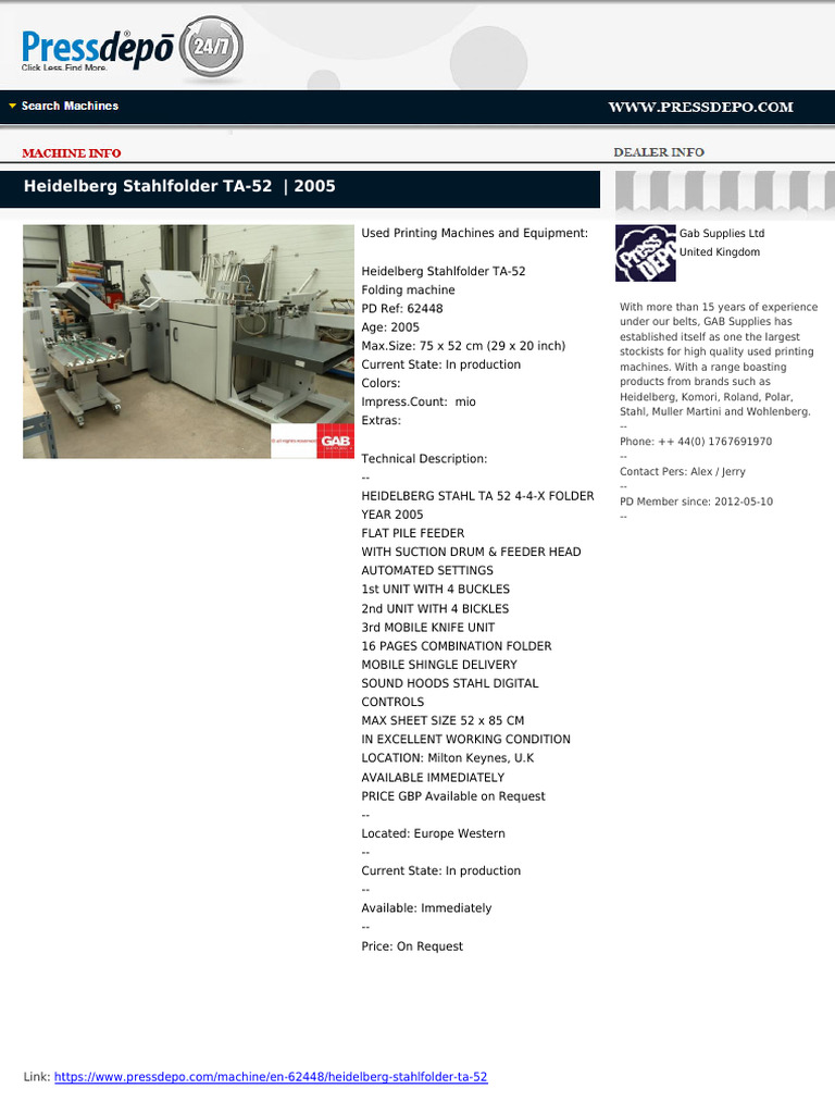 Heidelberg Stahlfolder TA-52 Overview | PDF