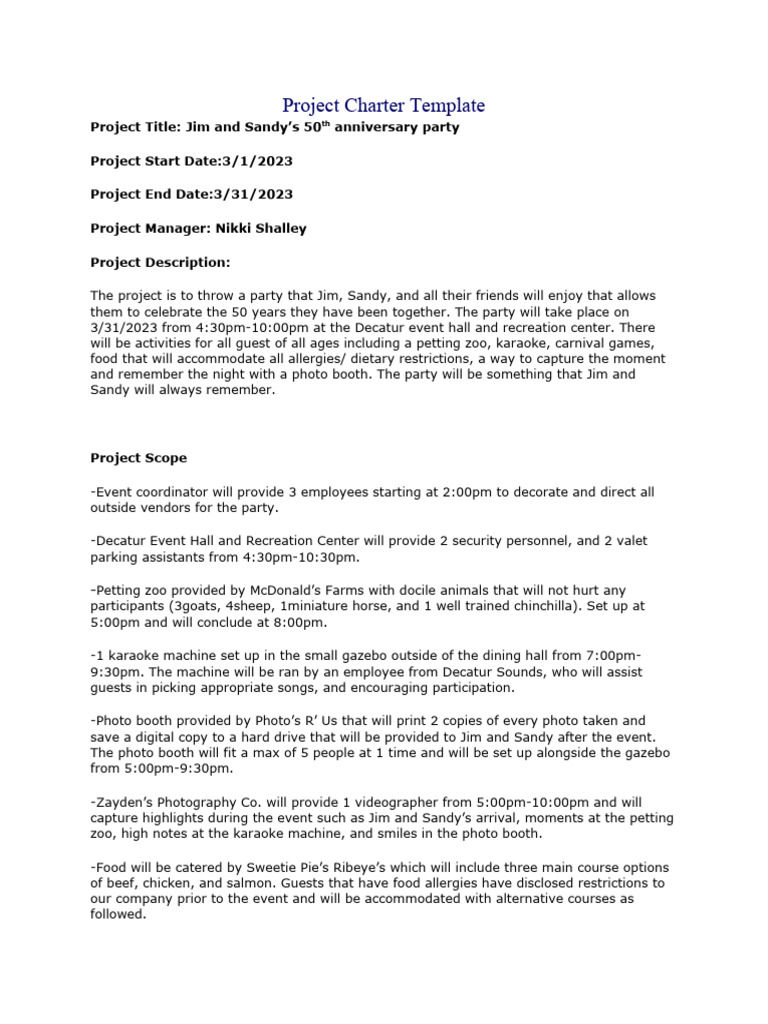 50th Anniversary Party Project Charter | PDF