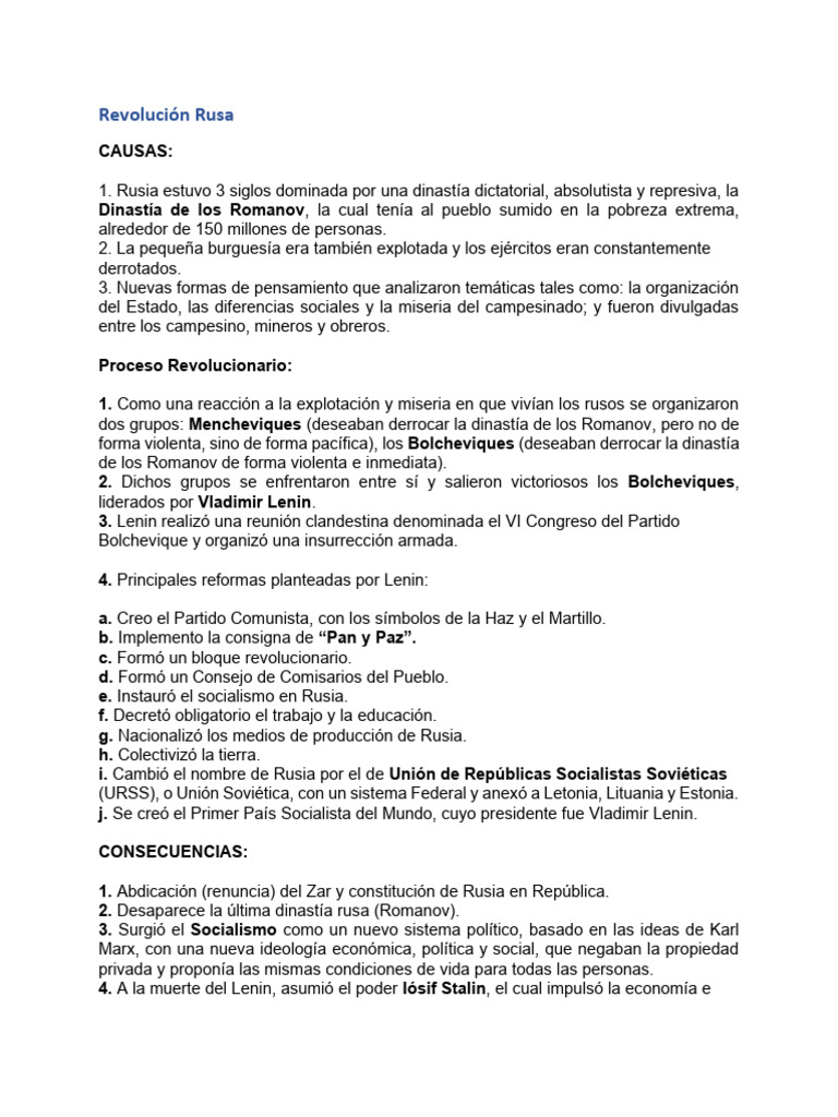 Causas y Consecuencias de la Revolución Rusa y la Crisis de 1929 | PDF ...