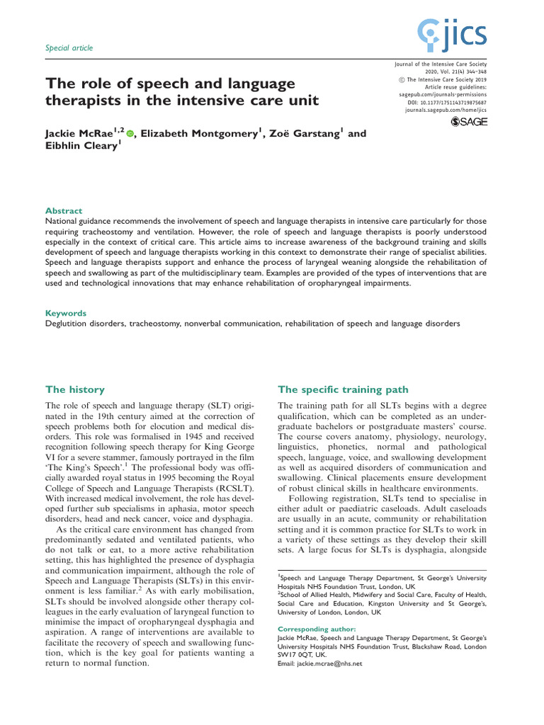 The Role of Speech and Language Therapists in The Intensive Care Unit ...