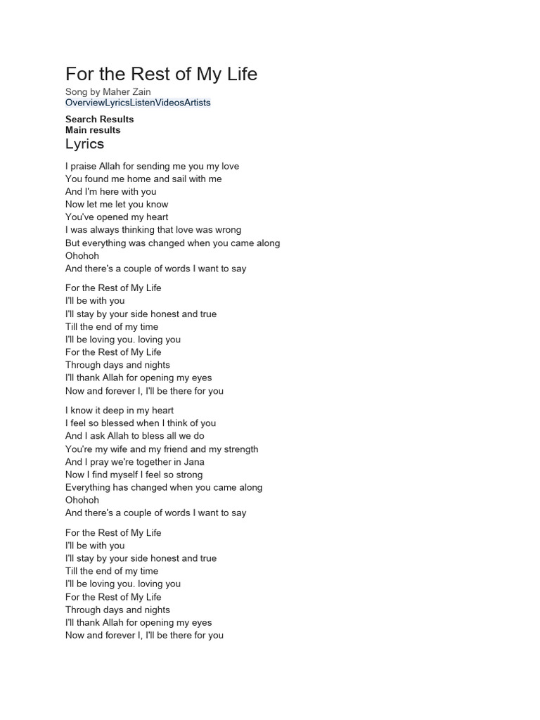 Maher Zain: For the Rest of My Life Lyrics | PDF