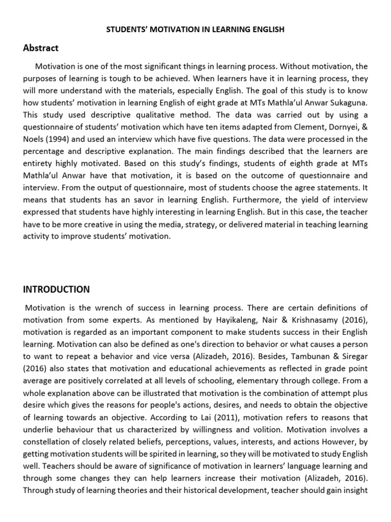 Eighth Graders' Motivation in English Learning | PDF | Motivational ...