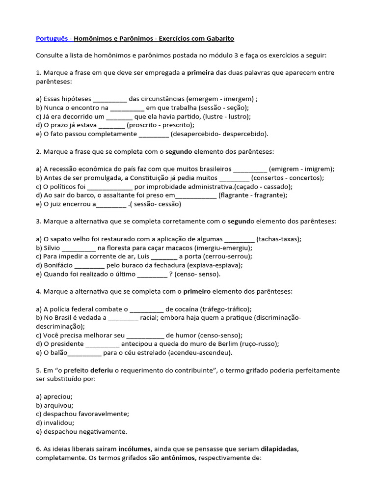 Exercícios de Homônimos e Parônimos | PDF