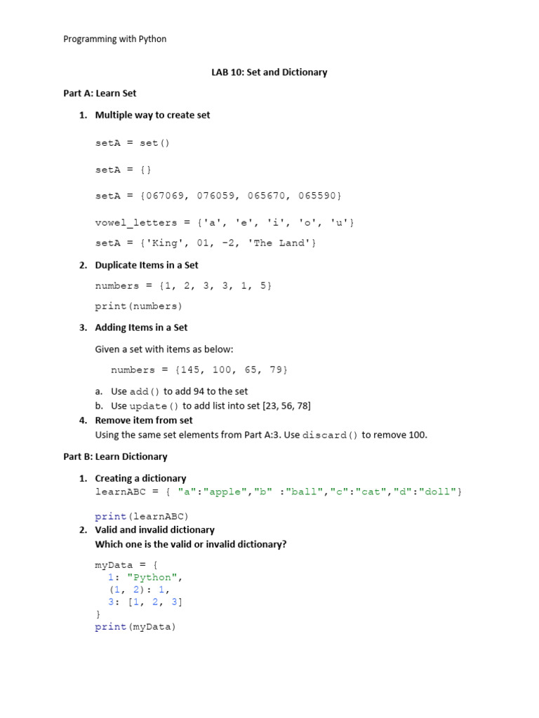 Lab 10 - Set and Dictionary | PDF | Python (Programming Language ...