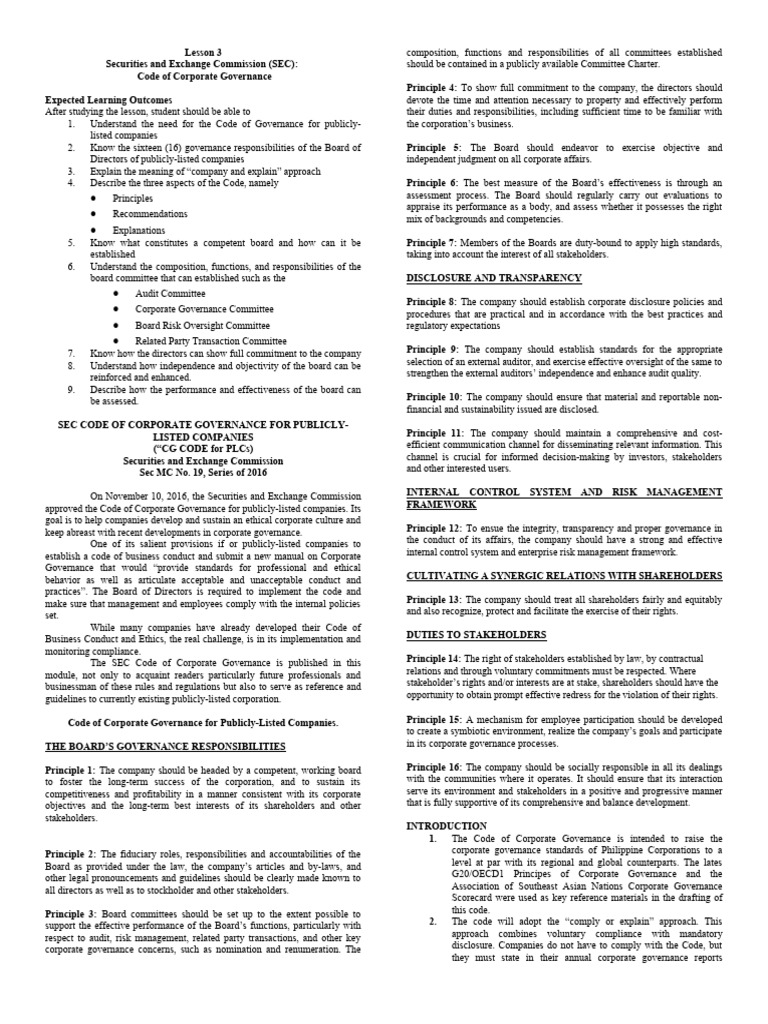 Lesson 3 securities and exchange commission sec code of corporate