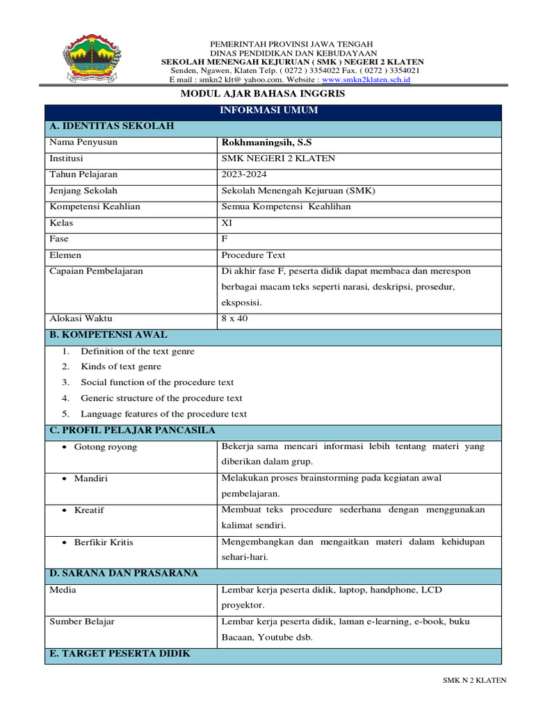 Modul Ajar Procedure Text | PDF