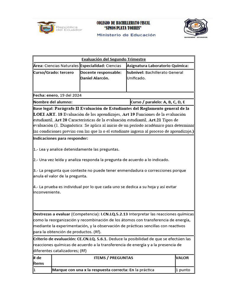 Evaluación Del Tercer Trimestre LABORT QUIMICA 23-24 | PDF ...