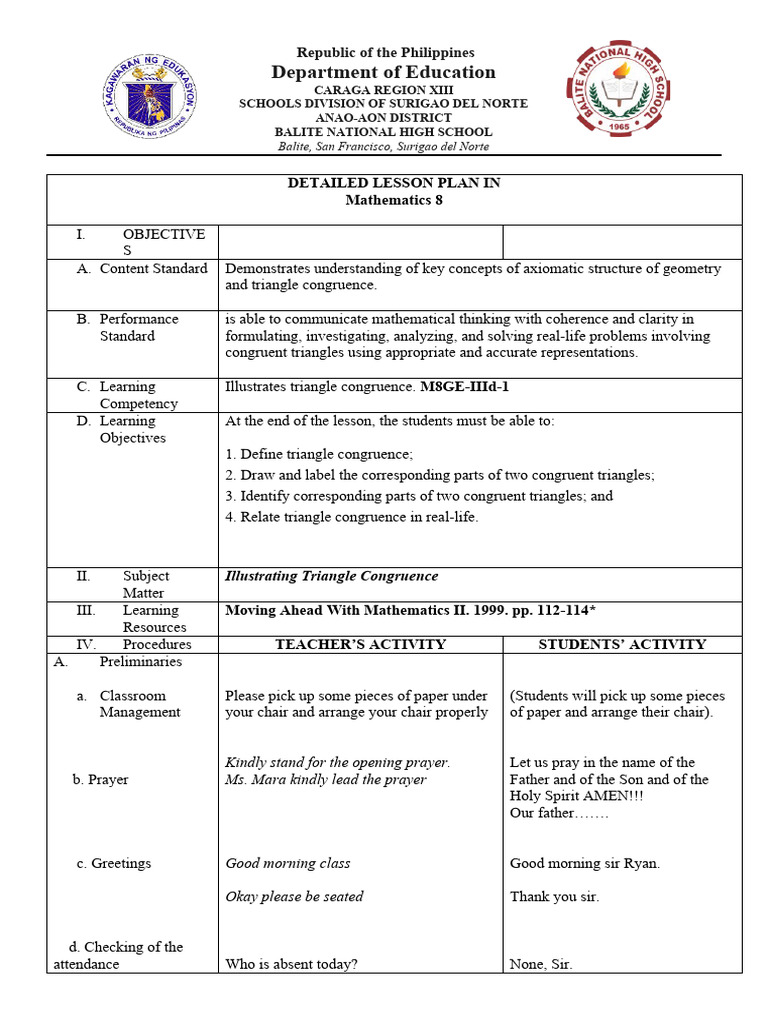Detailed Lesson Plan: Triangle Congruence | PDF | Triangle | Elementary ...
