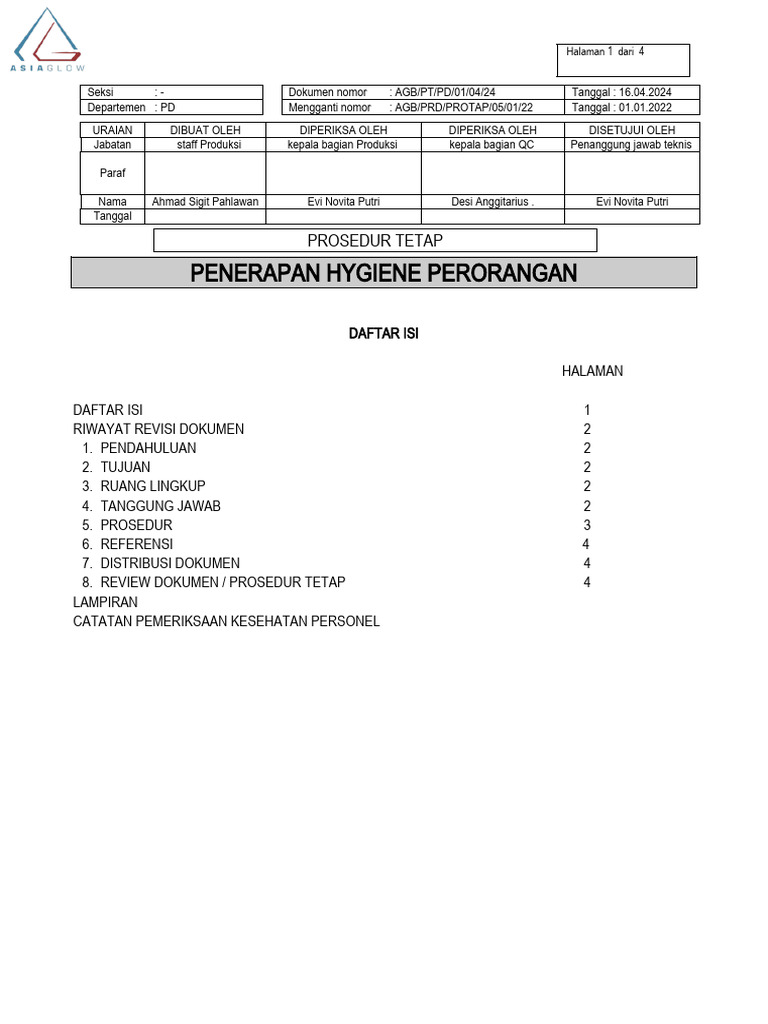 Prosedur Hygiene di CV Asiaglow Berlian | PDF | Bisnis | Teknologi ...