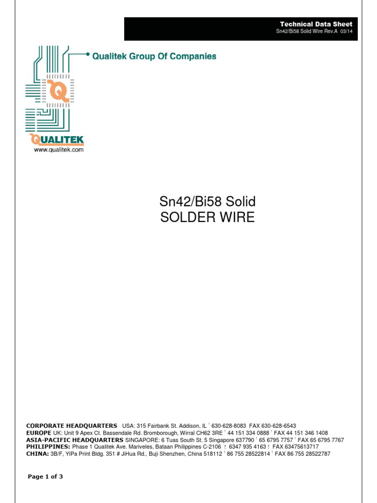 sn42 Bi58 Solder Wire Tech Data | PDF | Solder | Metals