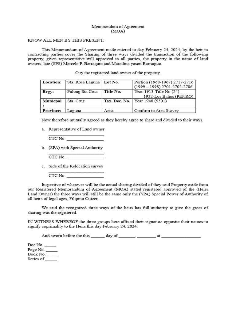 Memorandum of Agreement for Property Sharing | PDF | Civil Law (Common ...