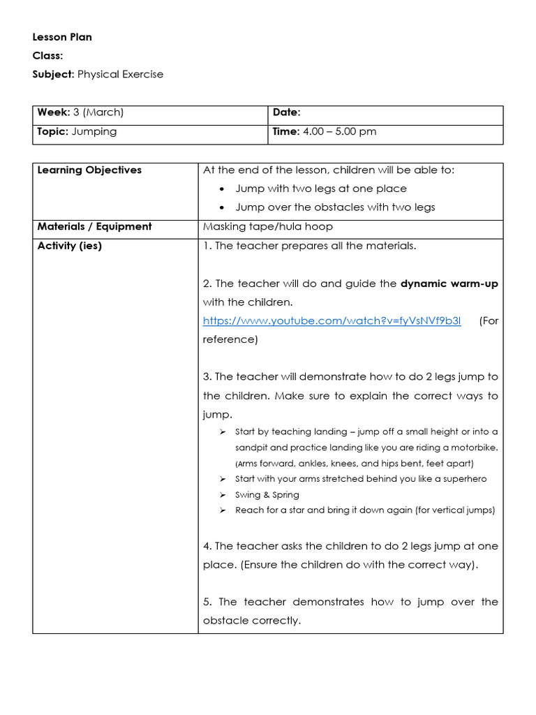 PE Lesson Plan Week 3 March PDF Teachers