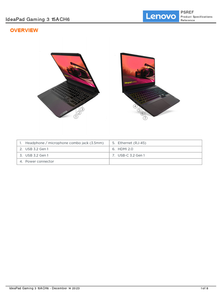 IdeaPad Gaming 3 15ACH6 Spec | PDF | Usb | Solid State Drive