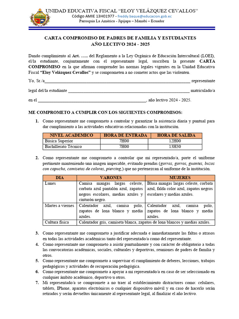 Carta Compromiso de Padres de Familia y Alumnos 2024-2025 | PDF