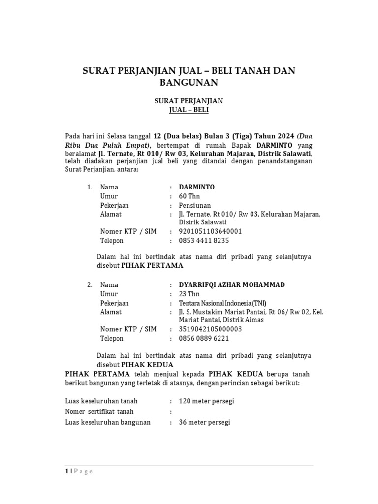 Perjanjian Jual Beli Tanah dan Bangunan 2024 | PDF