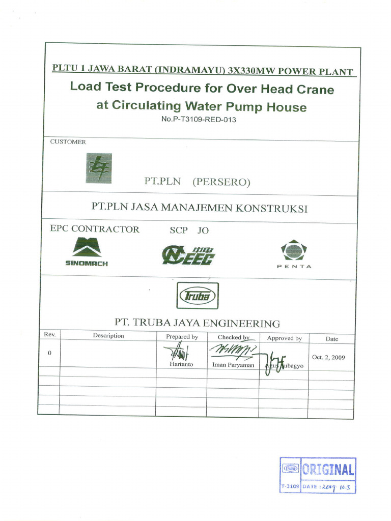 PT3109RED013REV.0 LOAD TEST PROCEDURE FOR OVER HEAD CRANE AT