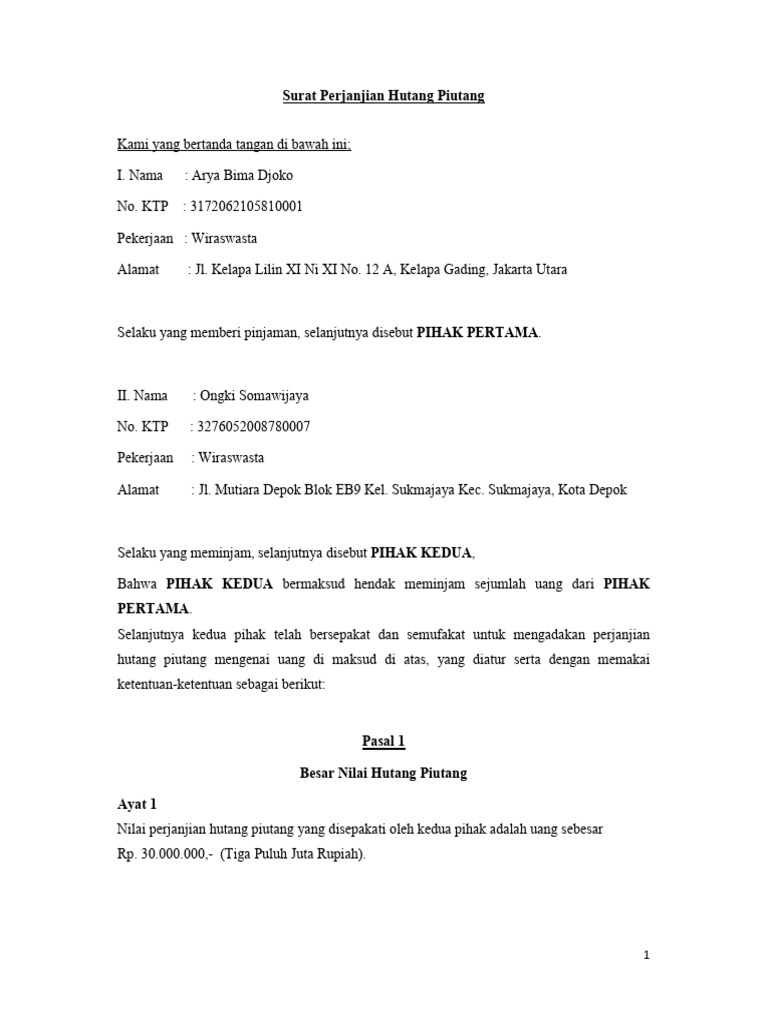 Surat Perjanjian Hutang Piutang Pak Ongki Pdf