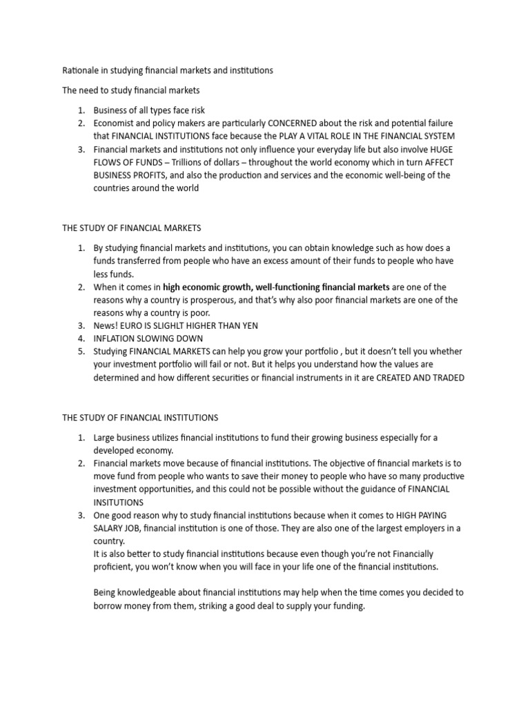 Rationale in Studying Financial Markets and Institutions | PDF | Money ...