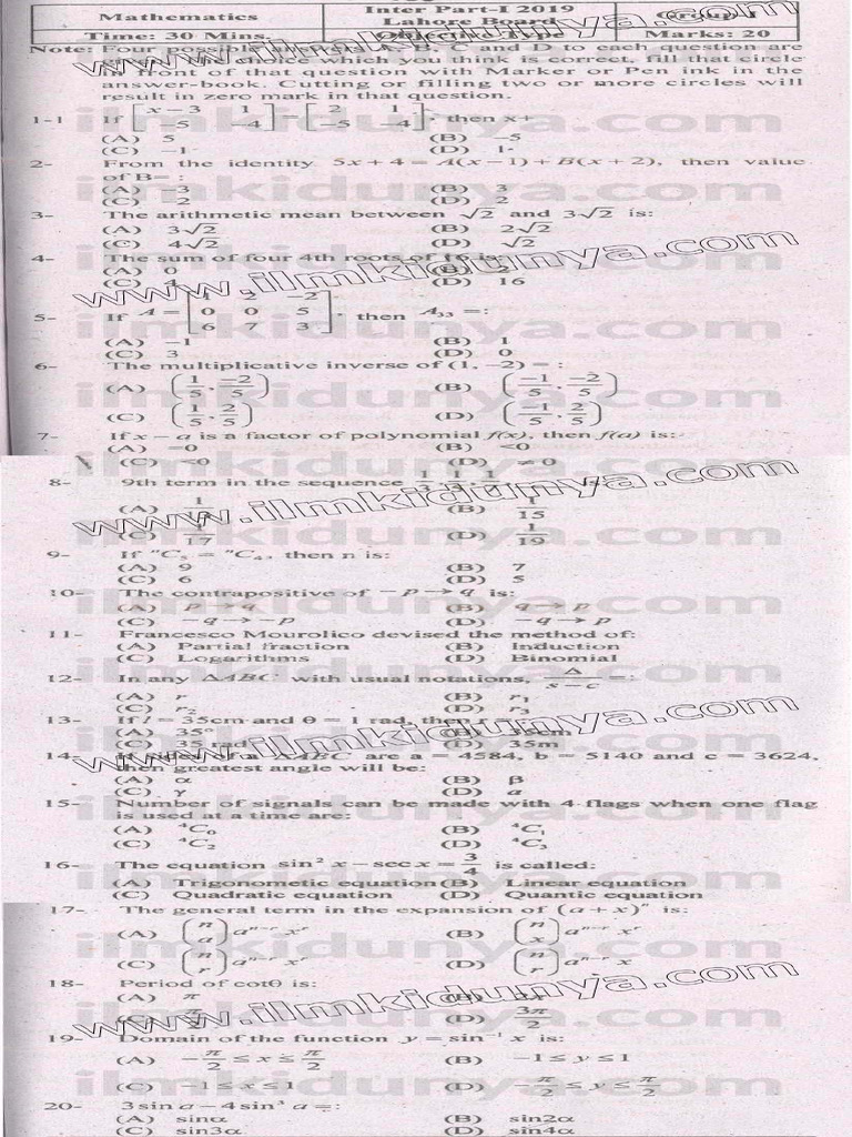 Past Papers 2019 Lahore Board Inter Part 1 Mathematics Group I ...