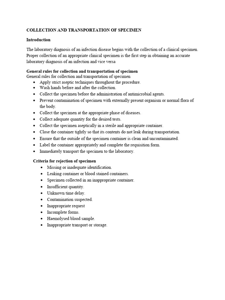 Specimen Collection and Transport Guidelines | PDF | Science & Mathematics