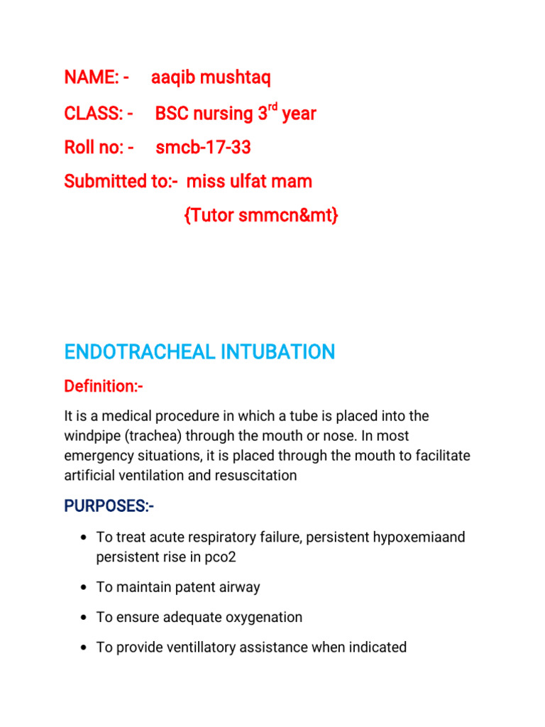 Endotracheal Intubation Procedure Guide | PDF | Science & Mathematics