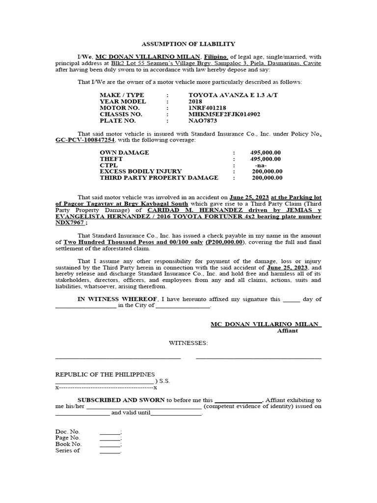 Assumption of Liability for Vehicle Accident | PDF | Legal Liability ...