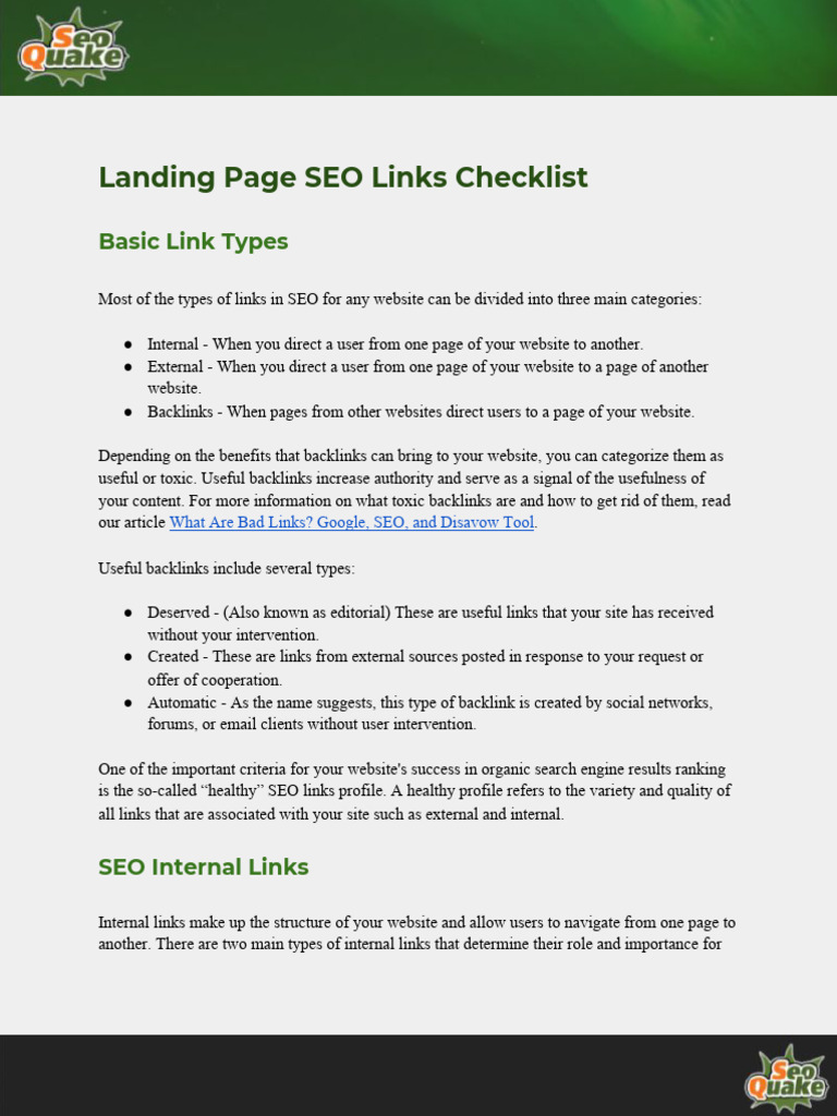 Landing Page Seo Links Checklist Pdf Search Engine Optimization
