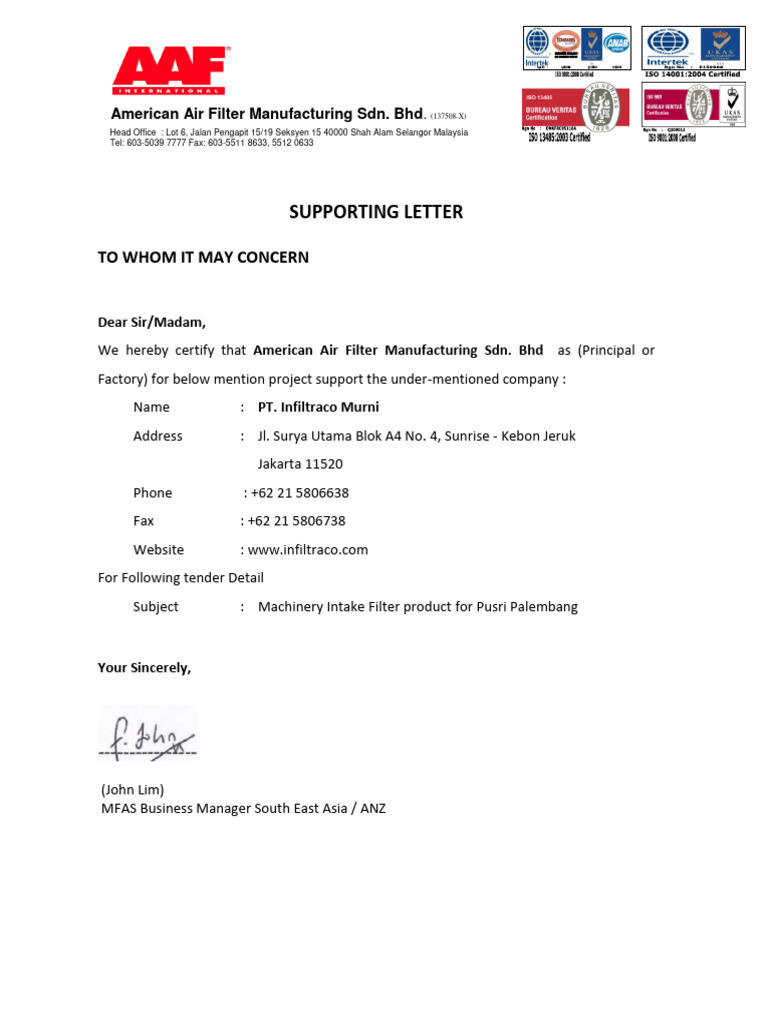 Machinery Filter Support Letter | PDF | Business