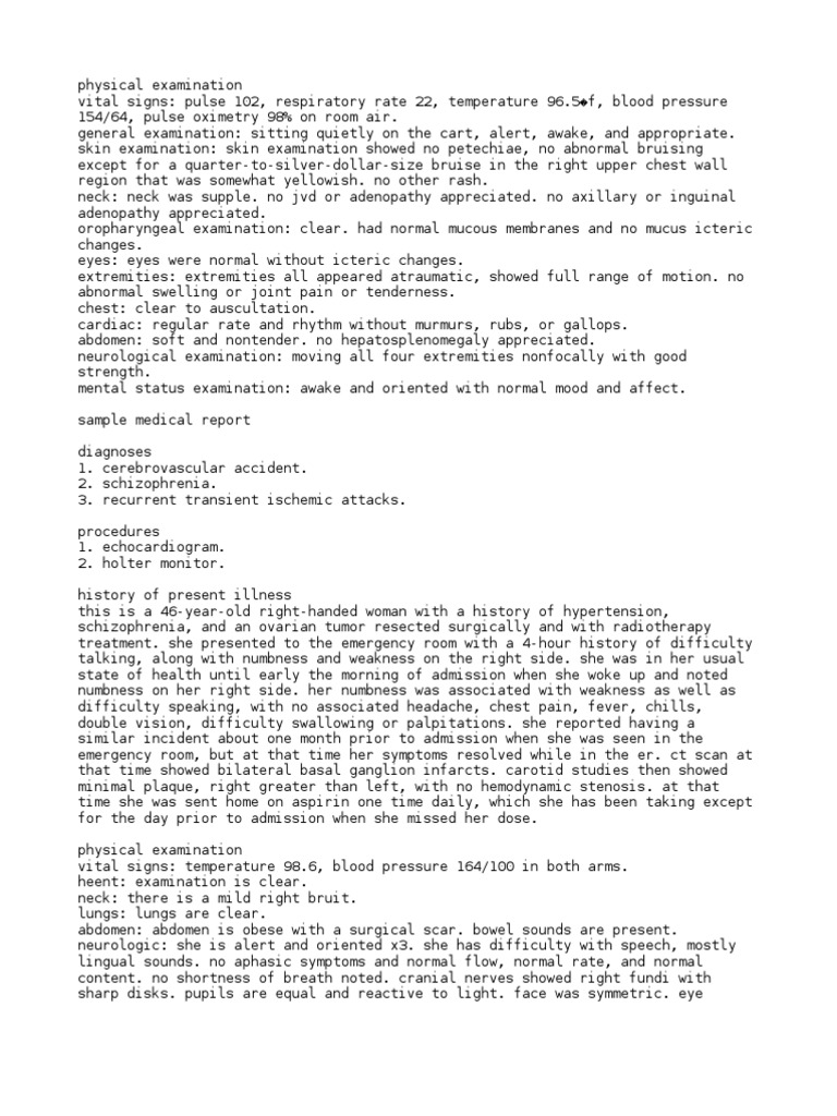 Sample Report Physical Examination Emergency Department