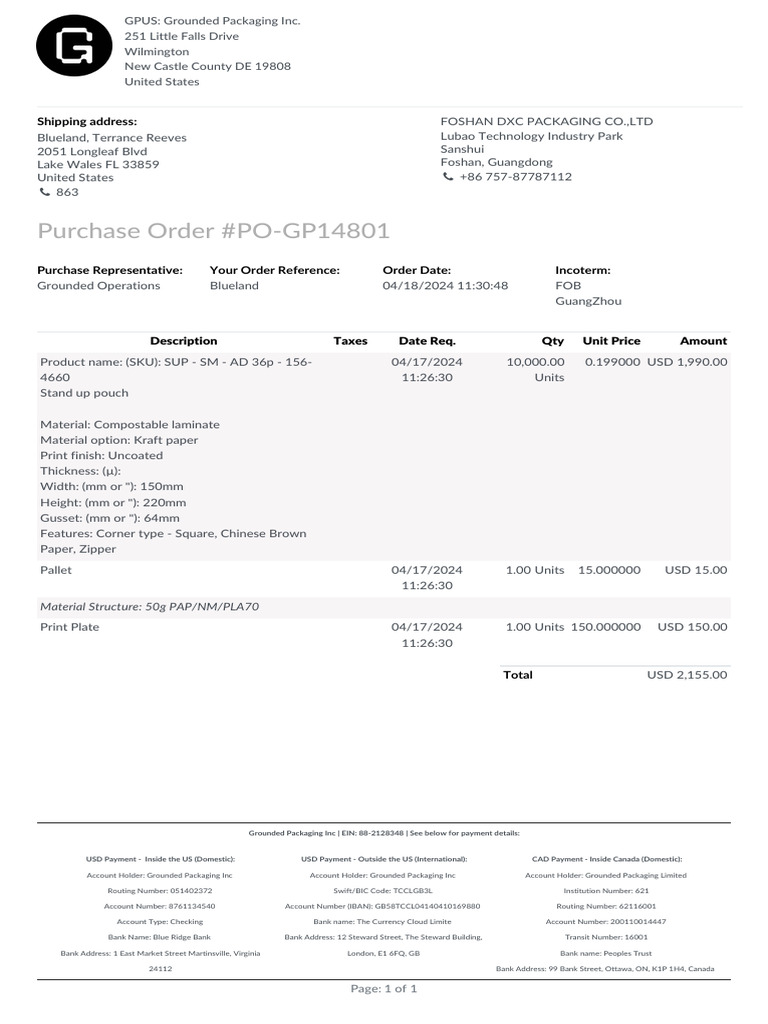 Purchase Order for Compostable Pouches | PDF | Payments | Banking