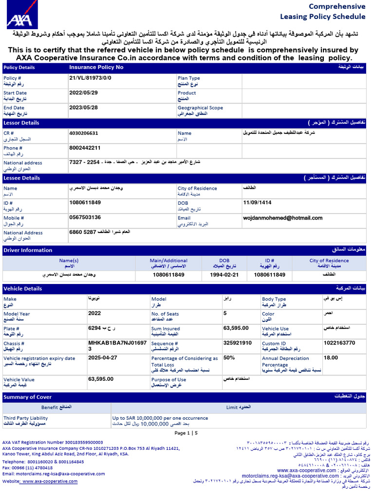 AXA Car Insurance Policy Schedule | PDF | Insurance | Indemnity