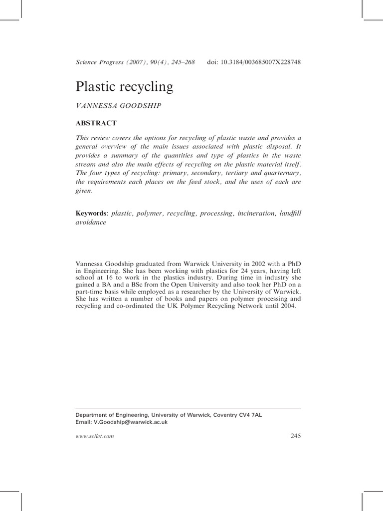 Plastic Recycling Pdf Plastic Recycling