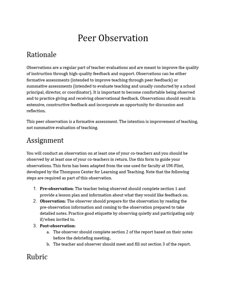 Peer Observation Guide for Teachers | PDF | Teachers | Cognitive Science