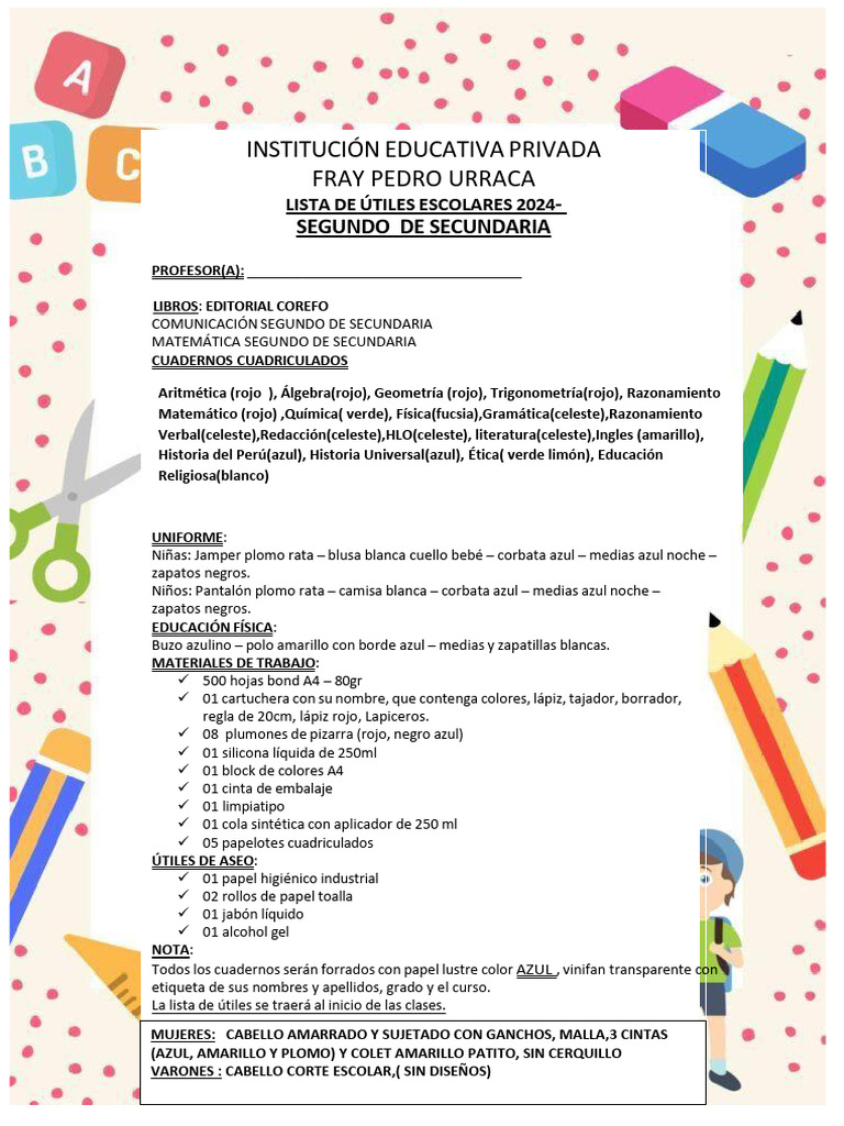 Lista de Útiles 2024 - 2° Secundaria | PDF | Estudios de idiomas ...