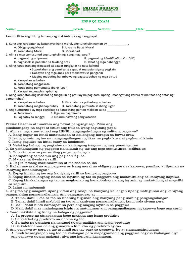 Esp 9 Q2 Exam | PDF
