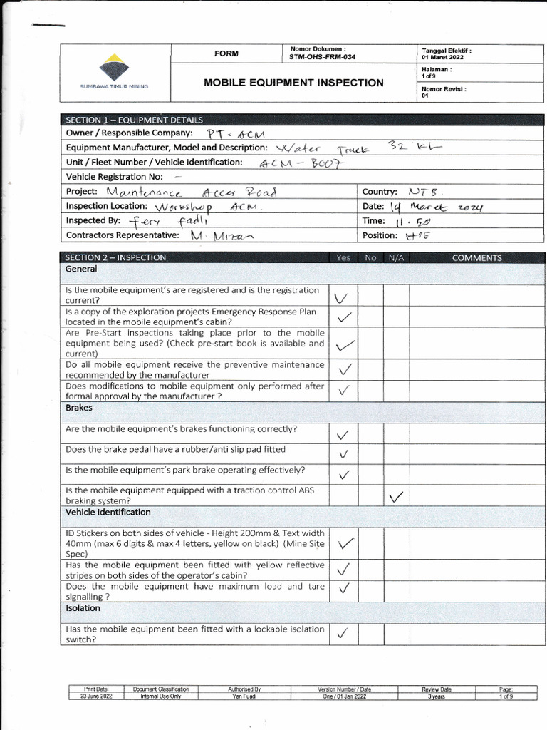 Mobile Equipment Inspection Checklist | PDF | Land Vehicles | Motor Vehicle
