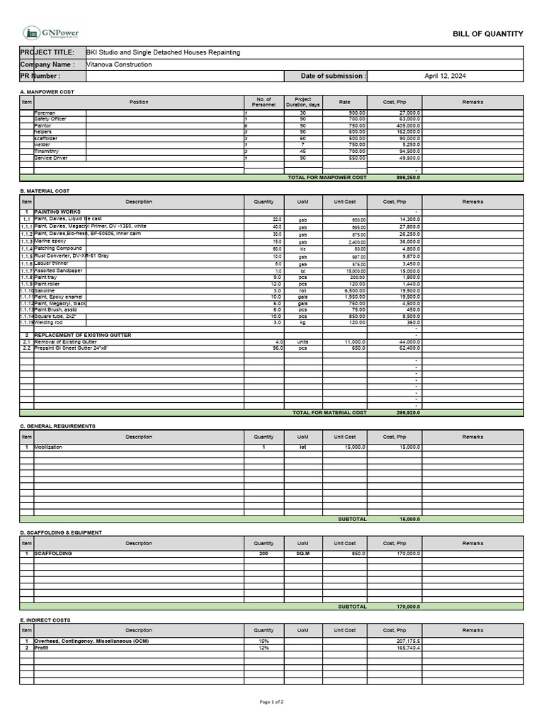 BKI Studio Repainting Bill of Quantity | PDF