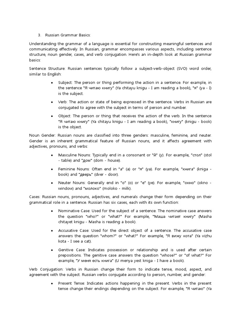 Russian Grammar Basics PDF Grammatical Gender Verb