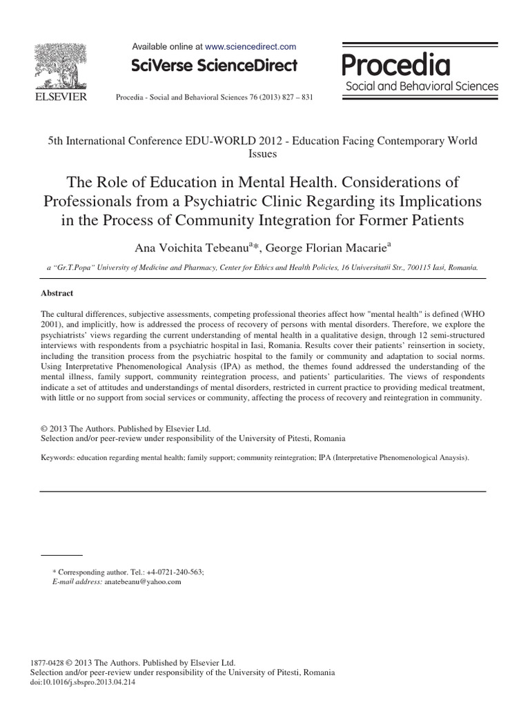 Mental Health Education and Community Reintegration | PDF | Mental ...