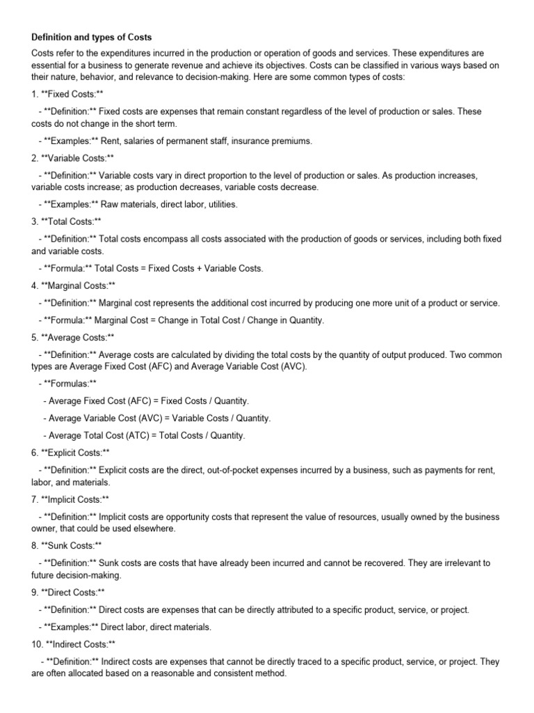 Definition and Types of Costs | PDF | Long Run And Short Run | Average Cost
