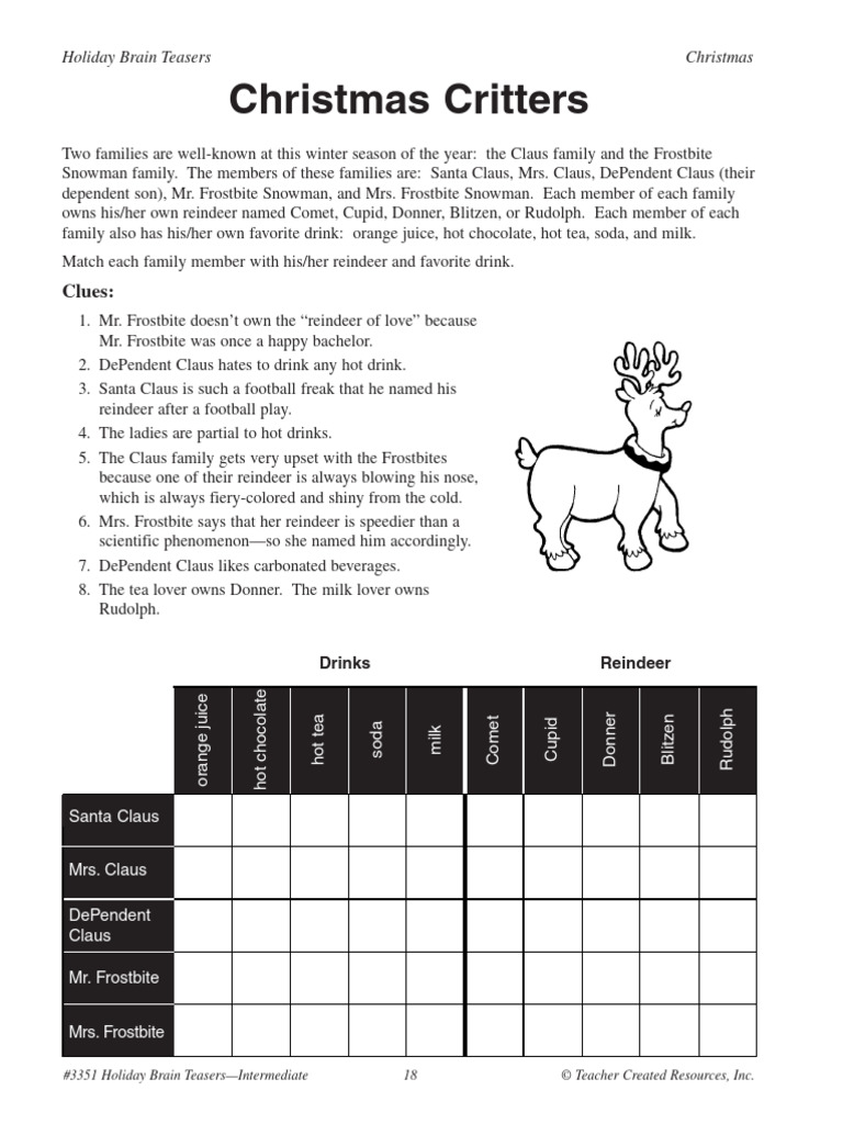 Christmas Brain Teaser | PDF | Santa Claus's Reindeer | Rudolph The Red Nosed Reindeer for Free Printable Christmas Brain Teasers