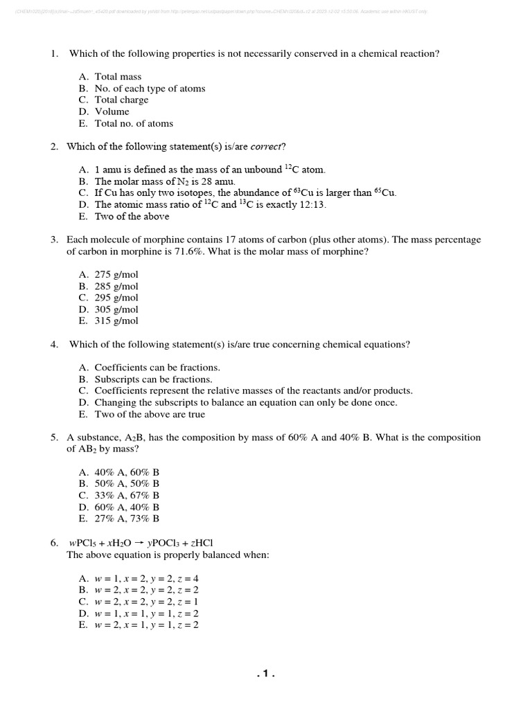 Chemistry Exam Questions and Answers | PDF | Gases | Mole (Unit)