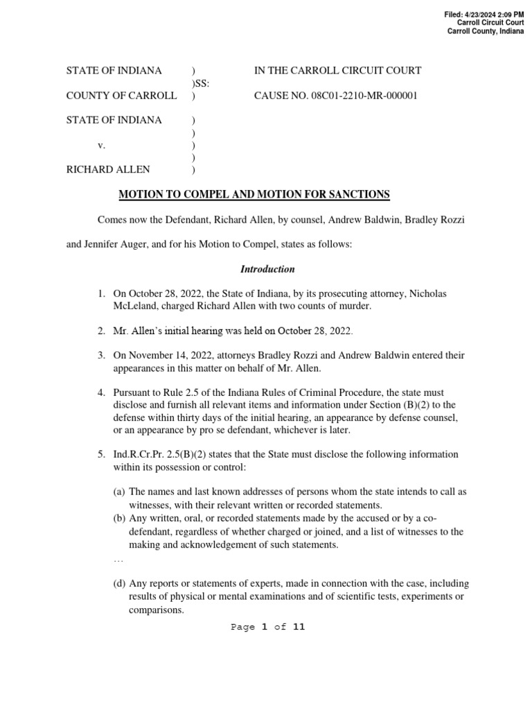 Motion to Compel in Richard Allen Case | PDF | Discovery (Law) | Prosecutor