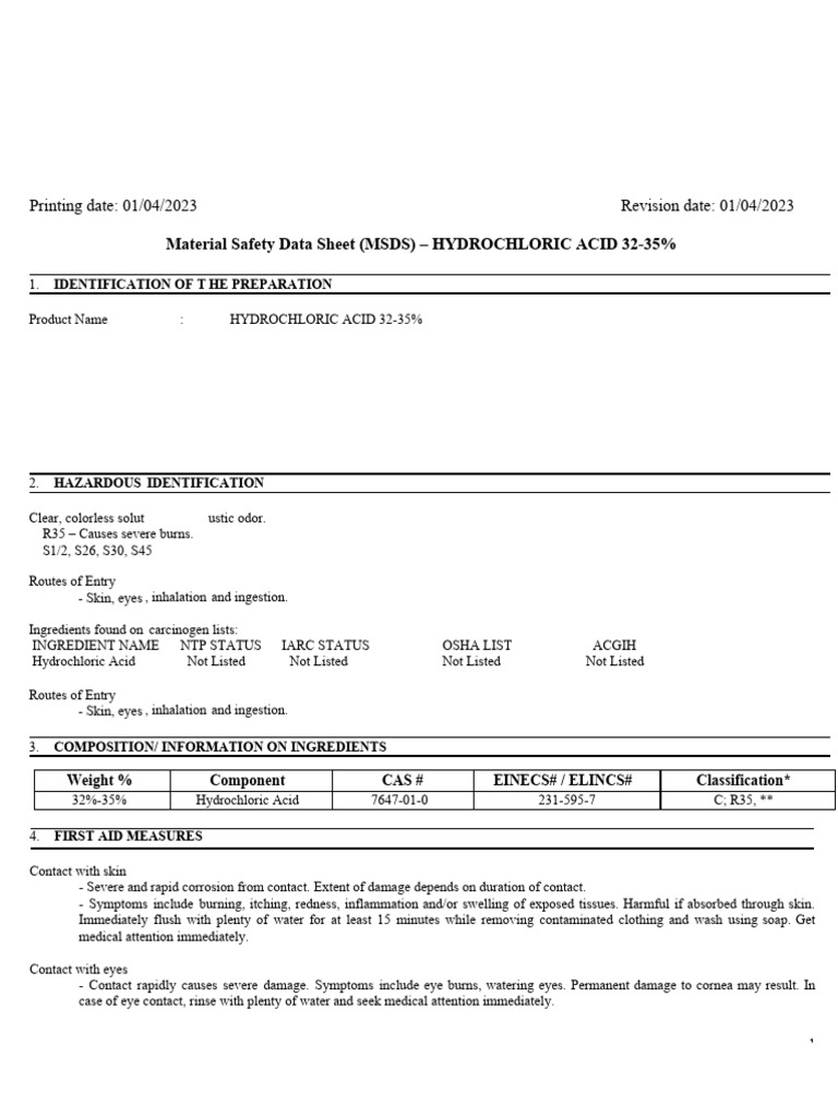 MSDS: Hydrochloric Acid 32-35% | PDF | Waste | Firefighting