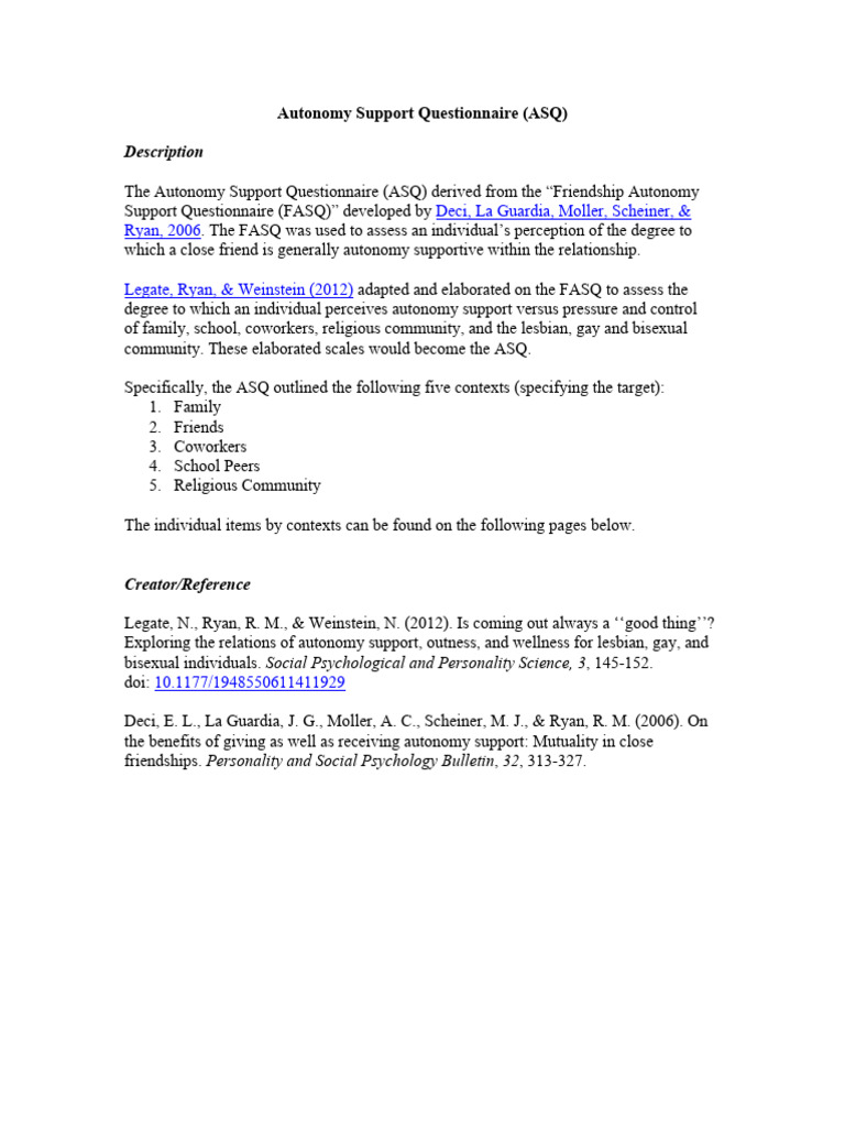Autonomy Support Questionnaire Overview | PDF | Feeling | Thought