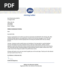 Reliance Jio Infocomm Limited Training Letter